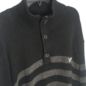Preppy American Eagle Sweater Mens 2XL Black Gray Stripe Mock Neck Quarter Zip